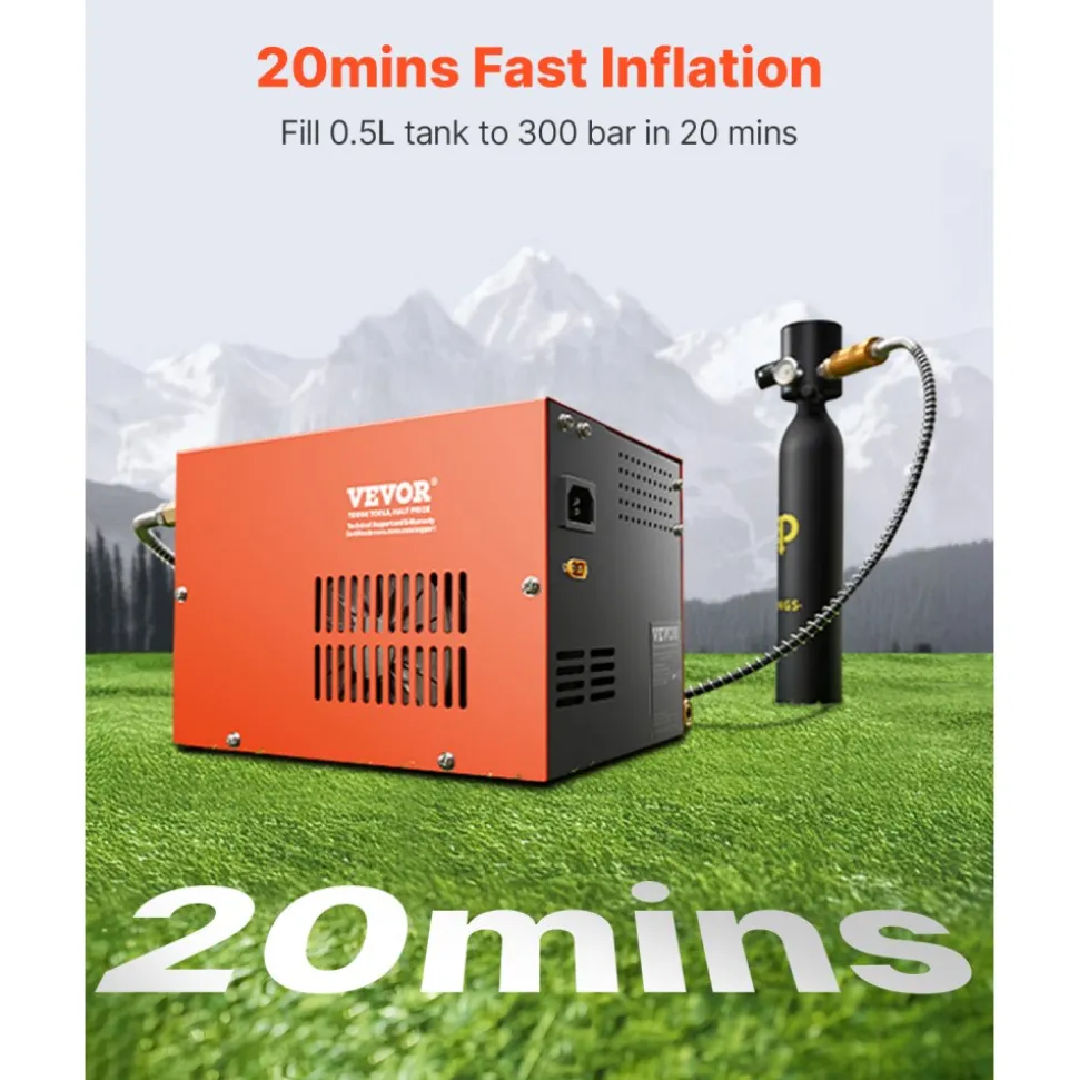 VEVOR PCP Air Compressor, 4500PSI/30Mpa Portable PCP Airgun Compressor with Built-in Converter & Fan Cooling System, DC12V/AC120V Manual-Stop Air Rifle, Paintball and Scuba Tank Compressor Pump