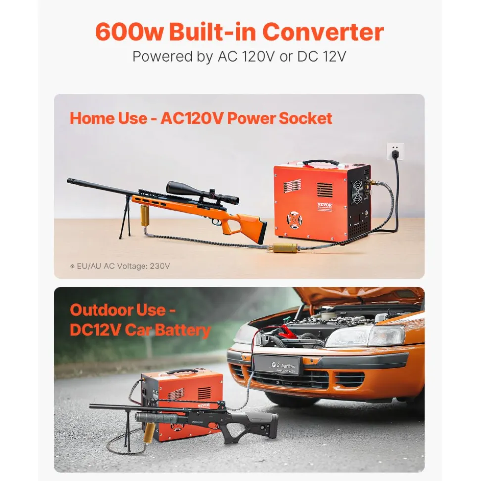 VEVOR PCP Air Compressor, 4500PSI/30Mpa Portable PCP Airgun Compressor with Built-in Converter & Fan Cooling System, DC12V/AC120V Manual-Stop Air Rifle, Paintball and Scuba Tank Compressor Pump