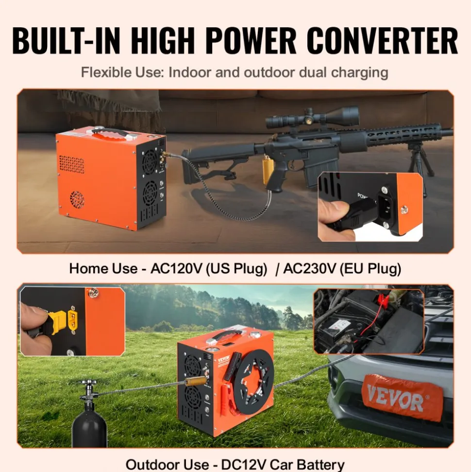 VEVOR PCP Air Compressor, 4500PSI/30Mpa Portable PCP Airgun Compressor - Built-in Water and Fan Cooling System, Auto-Stop | DC12V/AC120V Paintball Tank Compressor for Air Rifle, Scuba Diving Bottle