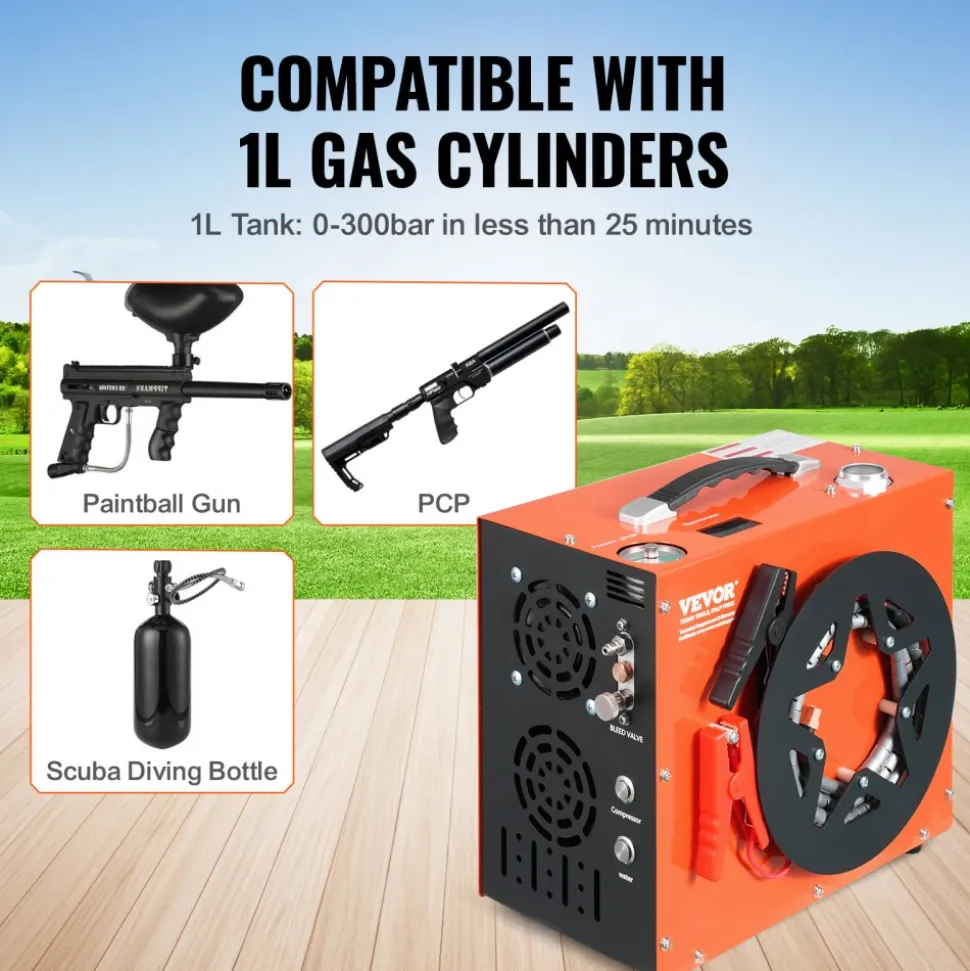 VEVOR PCP Air Compressor, 4500PSI/30Mpa Portable PCP Airgun Compressor - Built-in Water and Fan Cooling System, Auto-Stop | DC12V/AC120V Paintball Tank Compressor for Air Rifle, Scuba Diving Bottle