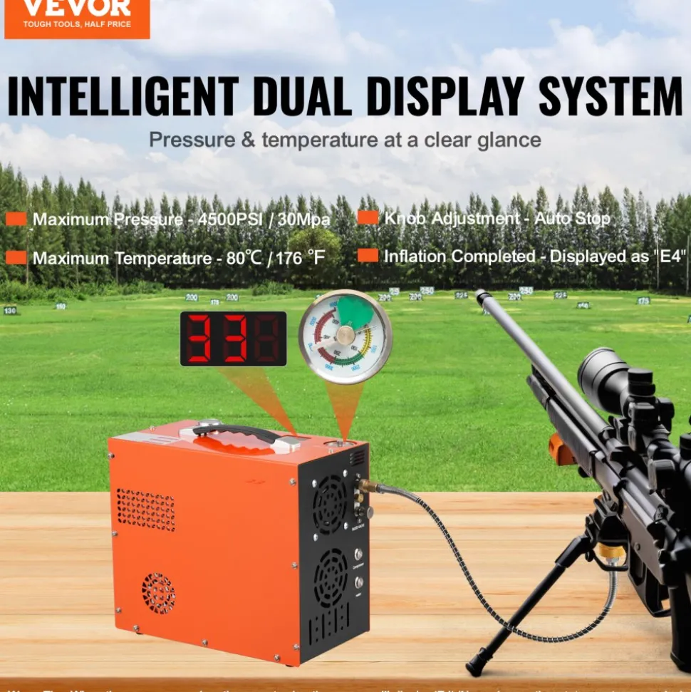 VEVOR PCP Air Compressor, 4500PSI/30Mpa Portable PCP Airgun Compressor - Built-in Water and Fan Cooling System, Auto-Stop | DC12V/AC120V Paintball Tank Compressor for Air Rifle, Scuba Diving Bottle