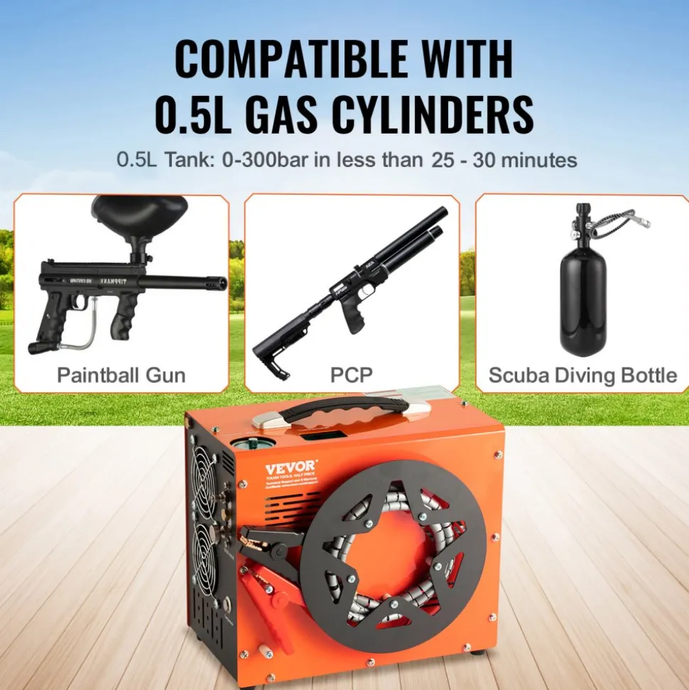 VEVOR PCP Air Compressor, 4500PSI/30Mpa Portable PCP Airgun Compressor with Built-in Power Converter, Auto-Stop | DC12V/AC120V | Oil & Water-Free Air Rifle, Paintball and Scuba Tank Compressor Pump