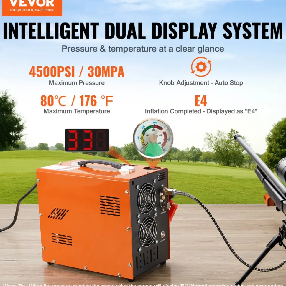 VEVOR PCP Air Compressor, 4500PSI/30Mpa Portable PCP Airgun Compressor with Built-in Power Converter, Auto-Stop | DC12V/AC120V | Oil & Water-Free Air Rifle, Paintball and Scuba Tank Compressor Pump