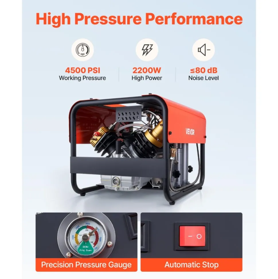 VEVOR PCP Air Compressor, 4500PSI/30Mpa Diving Scuba Tank Air Compressor, Double-Cylinder Auto Stop PCP Diving Compressor with External Water & Fan Cooling System for Scuba Tanks, Paintball, Air Rifle