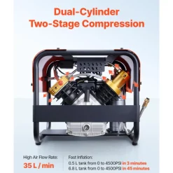 VEVOR PCP Air Compressor, 4500PSI/30Mpa Diving Scuba Tank Air Compressor, Double-Cylinder Auto Stop PCP Diving Compressor with External Water & Fan Cooling System for Scuba Tanks, Paintball, Air Rifle