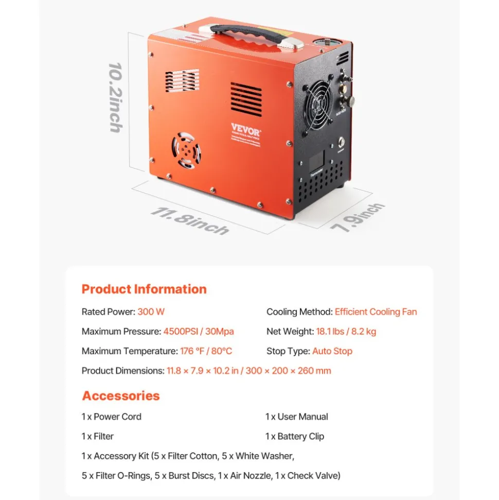 VEVOR PCP Air Compressor, 4500PSI/30Mpa PCP Airgun Compressor with Built-in Converter & Fan Cooling System, Auto Stop DC12V/AC120V Portable Paintball Tank Compressor for Air Rifle, Scuba Diving Bottle