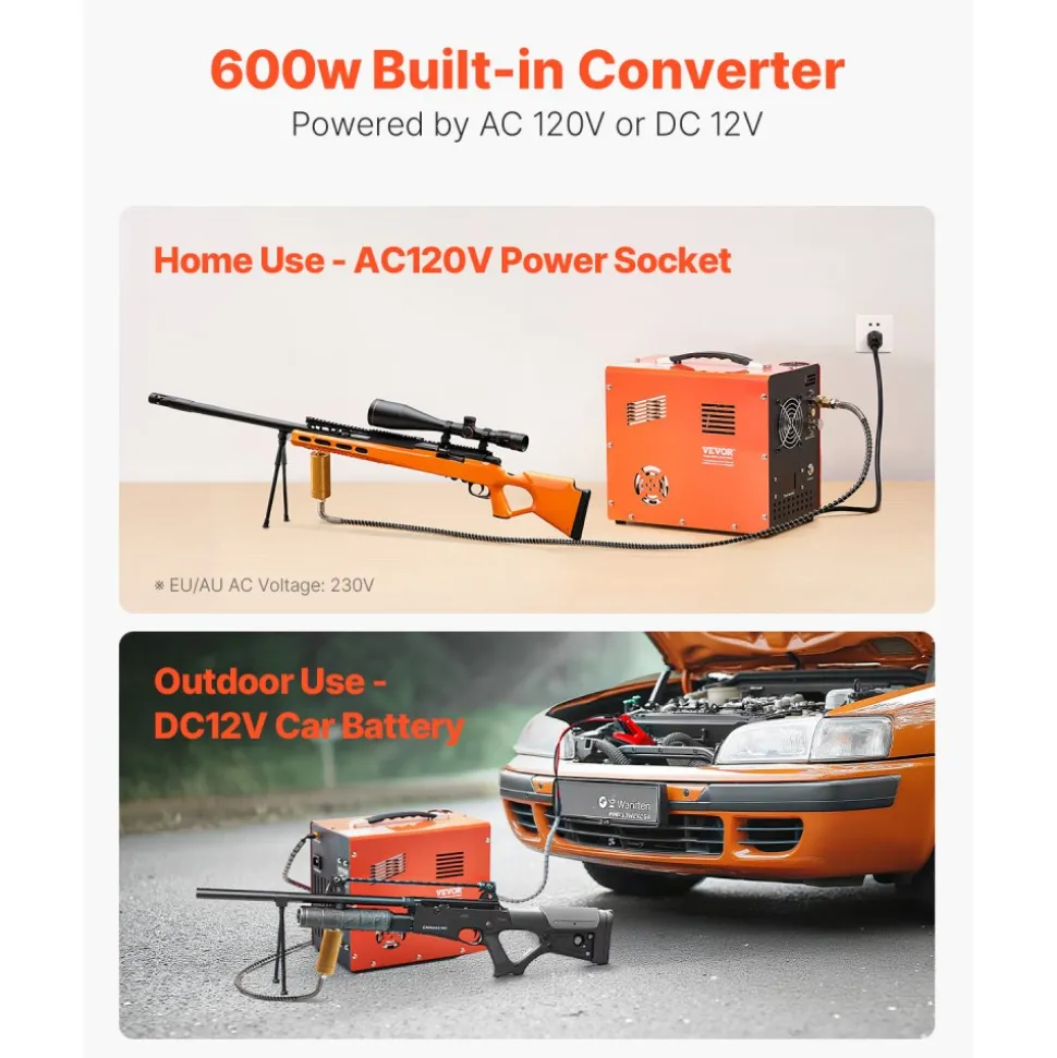 VEVOR PCP Air Compressor, 4500PSI/30Mpa PCP Airgun Compressor with Built-in Converter & Fan Cooling System, Auto Stop DC12V/AC120V Portable Paintball Tank Compressor for Air Rifle, Scuba Diving Bottle