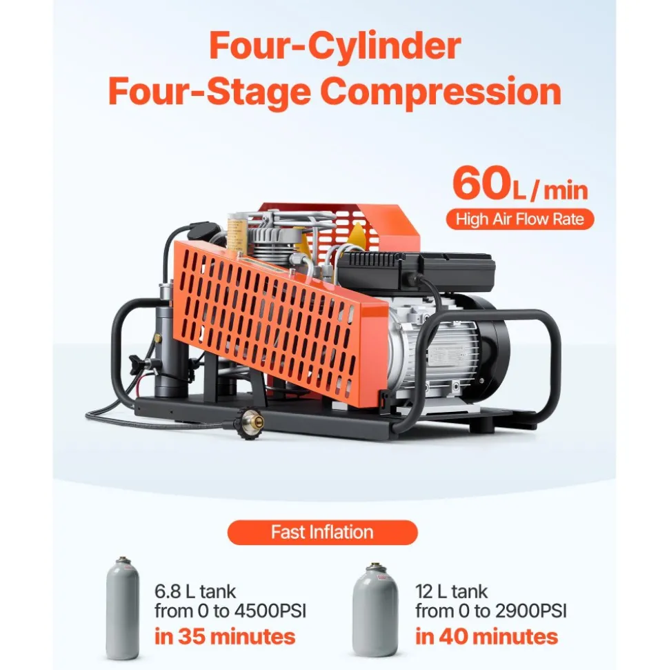 VEVOR PCP Air Compressor, 4500PSI/30Mpa Diving Scuba Tank Air Compressor, 60 L/min Four-Cylinder Auto Stop PCP Rifle Compressor Pump with Fan Cooling System for Scuba Tanks, Paintball, Firefighting