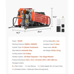 VEVOR PCP Air Compressor, 4500PSI/30Mpa Diving Scuba Tank Air Compressor, 60 L/min Four-Cylinder Auto Stop PCP Rifle Compressor Pump with Fan Cooling System for Scuba Tanks, Paintball, Firefighting