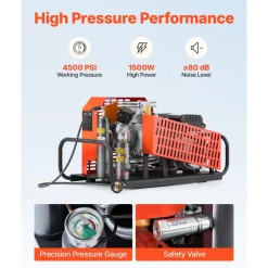 VEVOR PCP Air Compressor, 4500PSI/30Mpa Diving Scuba Tank Air Compressor, 60 L/min Four-Cylinder Auto Stop PCP Rifle Compressor Pump with Fan Cooling System for Scuba Tanks, Paintball, Firefighting