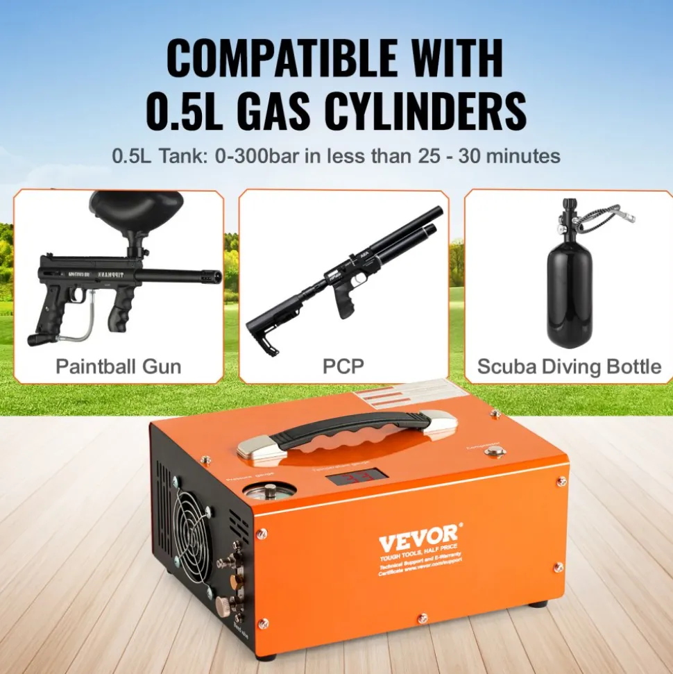 VEVOR PCP Air Compressor, 4500PSI Portable PCP Airgun Compressor with Built-in Converter, Auto-Stop | DC12V/AC120V | Oil & Water-Free Paintball Tank Compressor Pump for Air Rifle, Scuba Diving Bottle