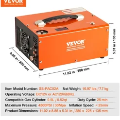 VEVOR PCP Air Compressor, 4500PSI Portable PCP Airgun Compressor with Built-in Converter, Auto-Stop | DC12V/AC120V | Oil & Water-Free Paintball Tank Compressor Pump for Air Rifle, Scuba Diving Bottle