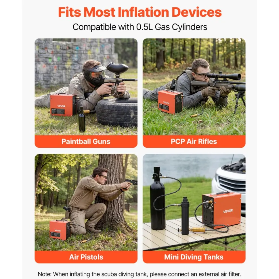 VEVOR PCP Air Compressor 4500PSI PCP Airgun Compressor & External Converter, Manual Stop 350W DC12V/AC120V Portable Paintball Tank Compressors for Air Rifle, Scuba Diving Bottle