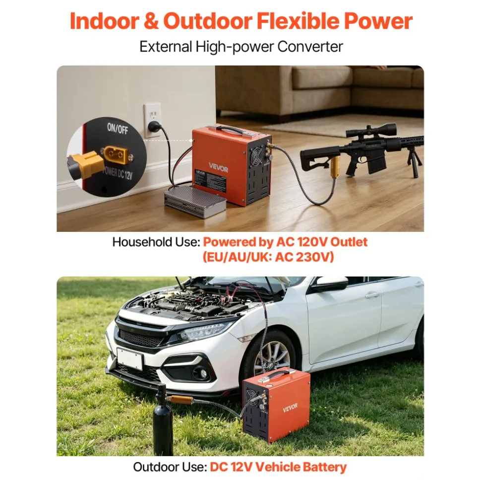 VEVOR PCP Air Compressor 4500PSI PCP Airgun Compressor & External Converter, Manual Stop 350W DC12V/AC120V Portable Paintball Tank Compressors for Air Rifle, Scuba Diving Bottle