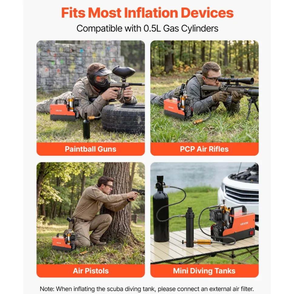 VEVOR PCP Air Compressor 4500PSI PCP Airgun Compressor & External Converter, Manual Stop 250W DC12V/AC120V Portable Paintball Tank Compressors for Air Rifle, Scuba Diving Bottle