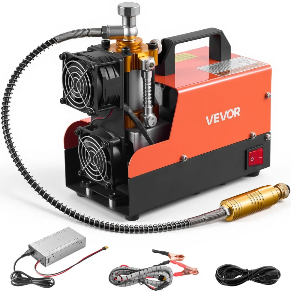 VEVOR PCP Air Compressor 4500PSI PCP Airgun Compressor & External Converter, Manual Stop 250W DC12V/AC120V Portable Paintball Tank Compressors for Air Rifle, Scuba Diving Bottle