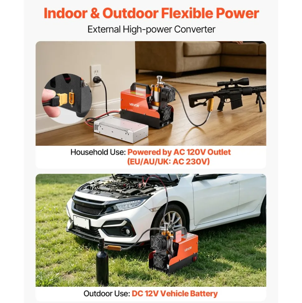 VEVOR PCP Air Compressor 4500PSI PCP Airgun Compressor & External Converter, Manual Stop 250W DC12V/AC120V Portable Paintball Tank Compressors for Air Rifle, Scuba Diving Bottle