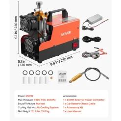 VEVOR PCP Air Compressor 4500PSI PCP Airgun Compressor & External Converter, Manual Stop 250W DC12V/AC120V Portable Paintball Tank Compressors for Air Rifle, Scuba Diving Bottle