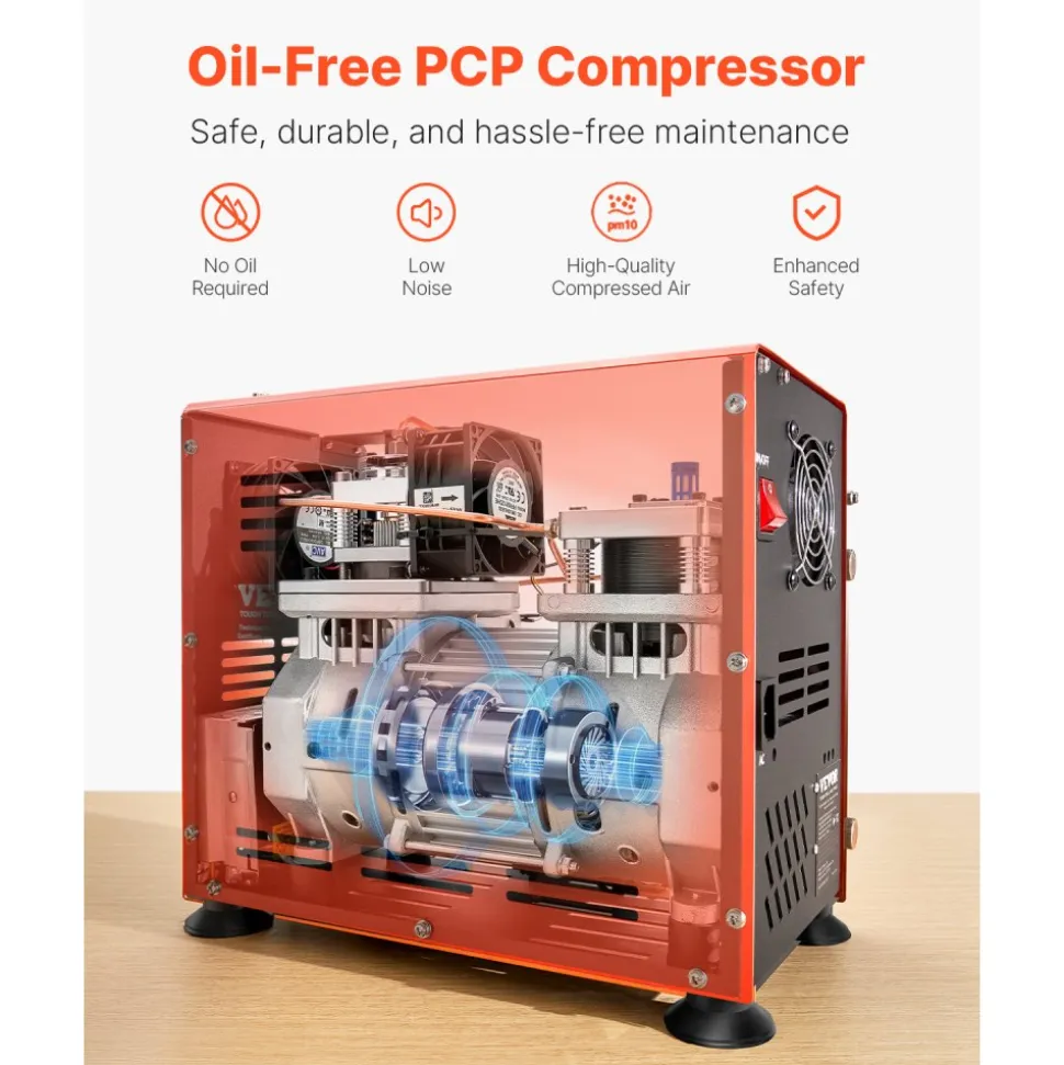 VEVOR PCP Air Compressor, 800W Dual-Cylinder PCP Airgun Compressor 4500PSI/30Mpa with Built-in Fan Cooling System, Auto-Stop | Oil Free Paintball Tank Compressor for Air Rifle, Scuba Diving Bottle