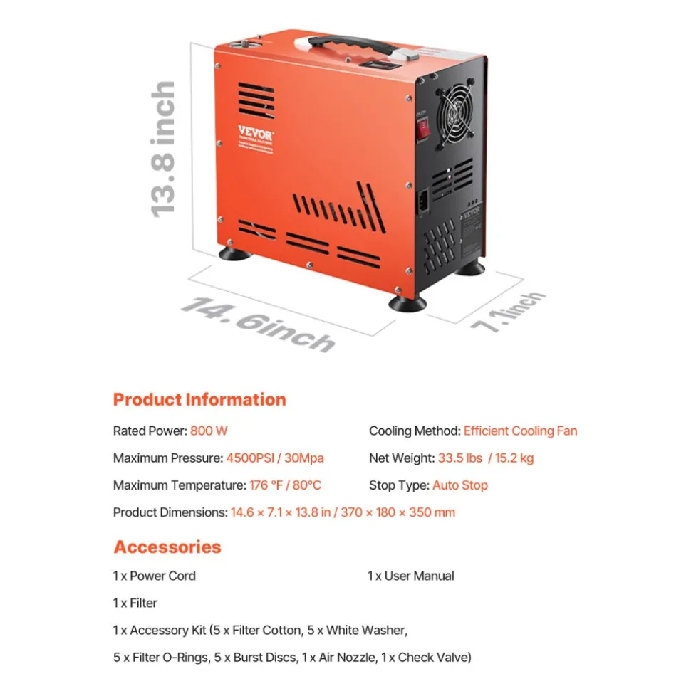 VEVOR PCP Air Compressor, 800W Dual-Cylinder PCP Airgun Compressor 4500PSI/30Mpa with Built-in Fan Cooling System, Auto-Stop | Oil Free Paintball Tank Compressor for Air Rifle, Scuba Diving Bottle