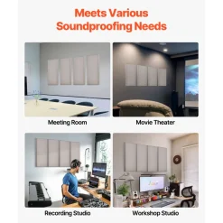 VEVOR 4 PCS Acoustic Panels, 2 inch Thick 23.6 x 11.8 inch Fiberglass Sound Absorbing Panels, Self-adhesive Soundproof Wall Boards, for Studios, Office, Home Theater,Meeting Room, Camel