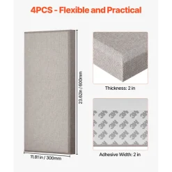 VEVOR 4 PCS Acoustic Panels, 2 inch Thick 23.6 x 11.8 inch Fiberglass Sound Absorbing Panels, Self-adhesive Soundproof Wall Boards, for Studios, Office, Home Theater,Meeting Room, Camel