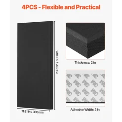 VEVOR 4 PCS Acoustic Panels, 2 inch Thick 23.6 x 11.8 inch Fiberglass Sound Absorbing Panels, Self-adhesive Soundproof Wall Boards, for Studios, Office, Home Theater,Meeting Room, Gray