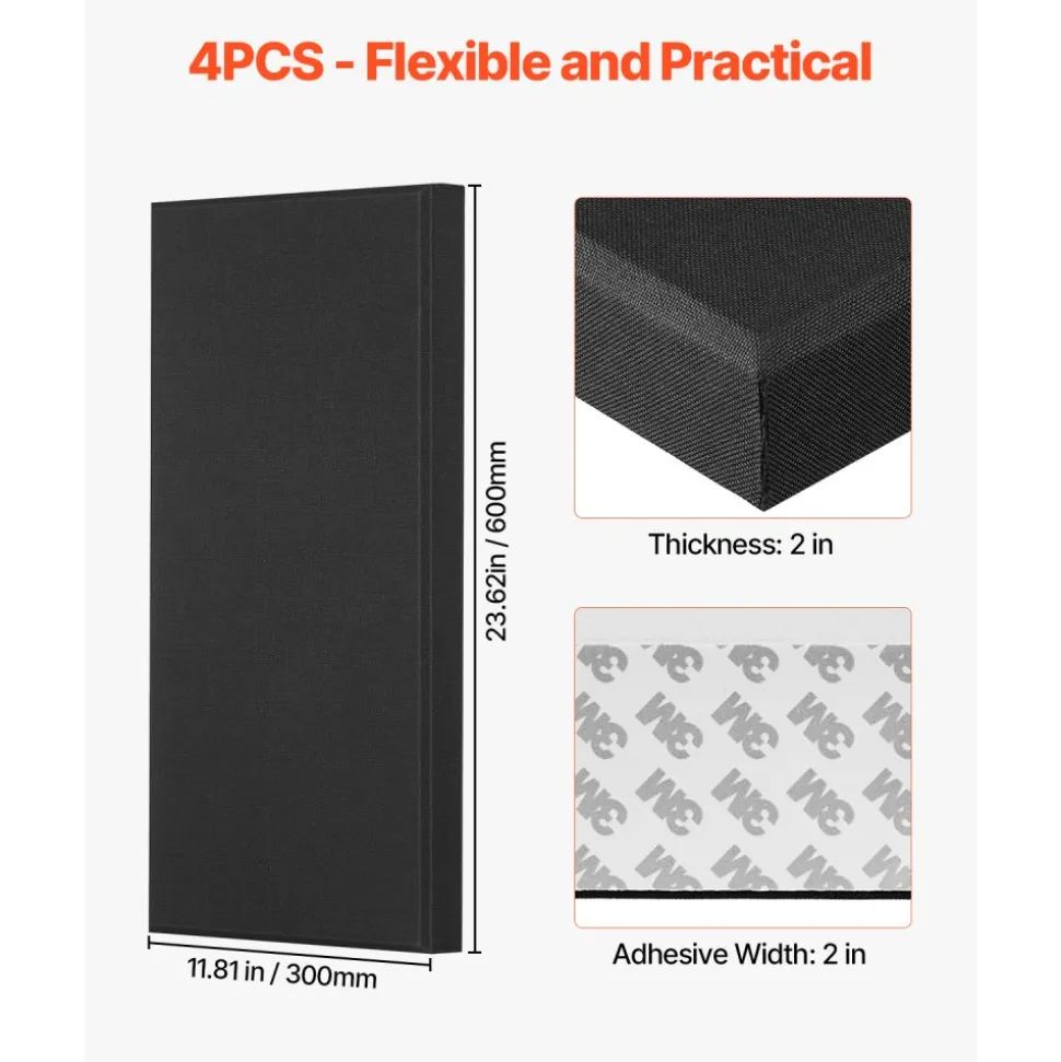 VEVOR 4 PCS Acoustic Panels, 2 inch Thick 23.6 x 11.8 inch Fiberglass Sound Absorbing Panels, Self-adhesive Soundproof Wall Boards, for Studios, Office, Home Theater,Meeting Room, Gray