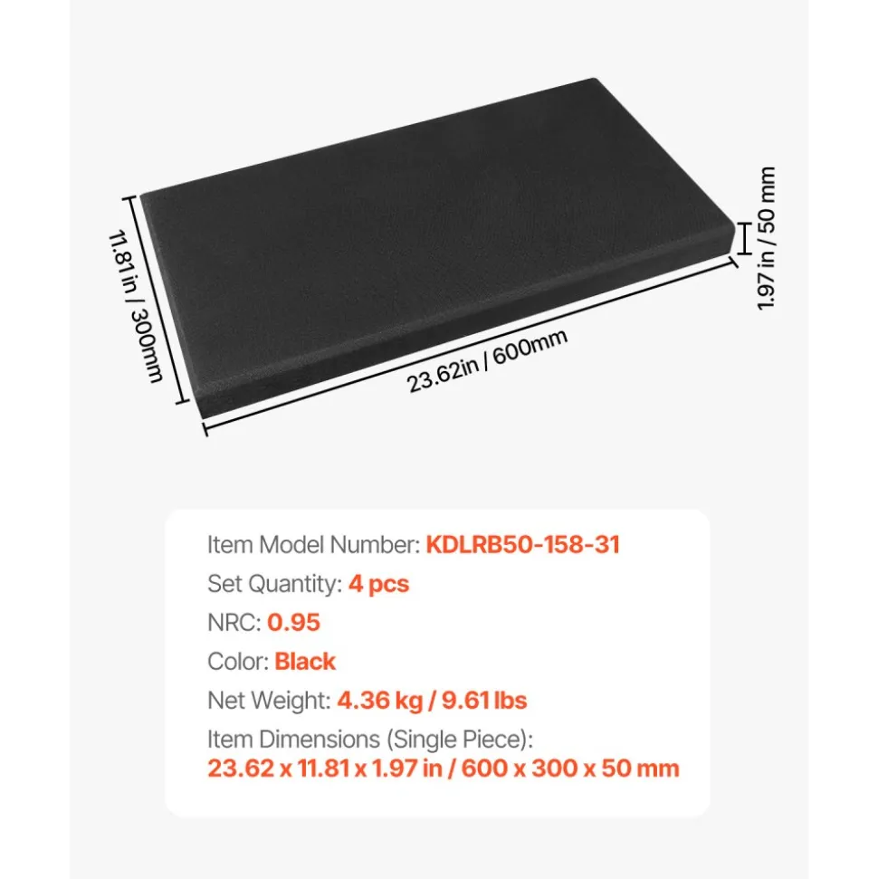VEVOR 4 PCS Acoustic Panels, 2 inch Thick 23.6 x 11.8 inch Fiberglass Sound Absorbing Panels, Self-adhesive Soundproof Wall Boards, for Studios, Office, Home Theater,Meeting Room, Gray