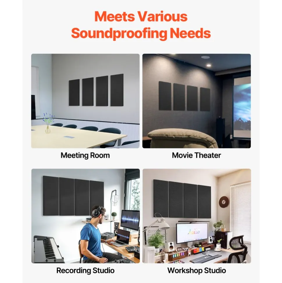 VEVOR 4 PCS Acoustic Panels, 2 inch Thick 23.6 x 11.8 inch Fiberglass Sound Absorbing Panels, Self-adhesive Soundproof Wall Boards, for Studios, Office, Home Theater,Meeting Room, Gray
