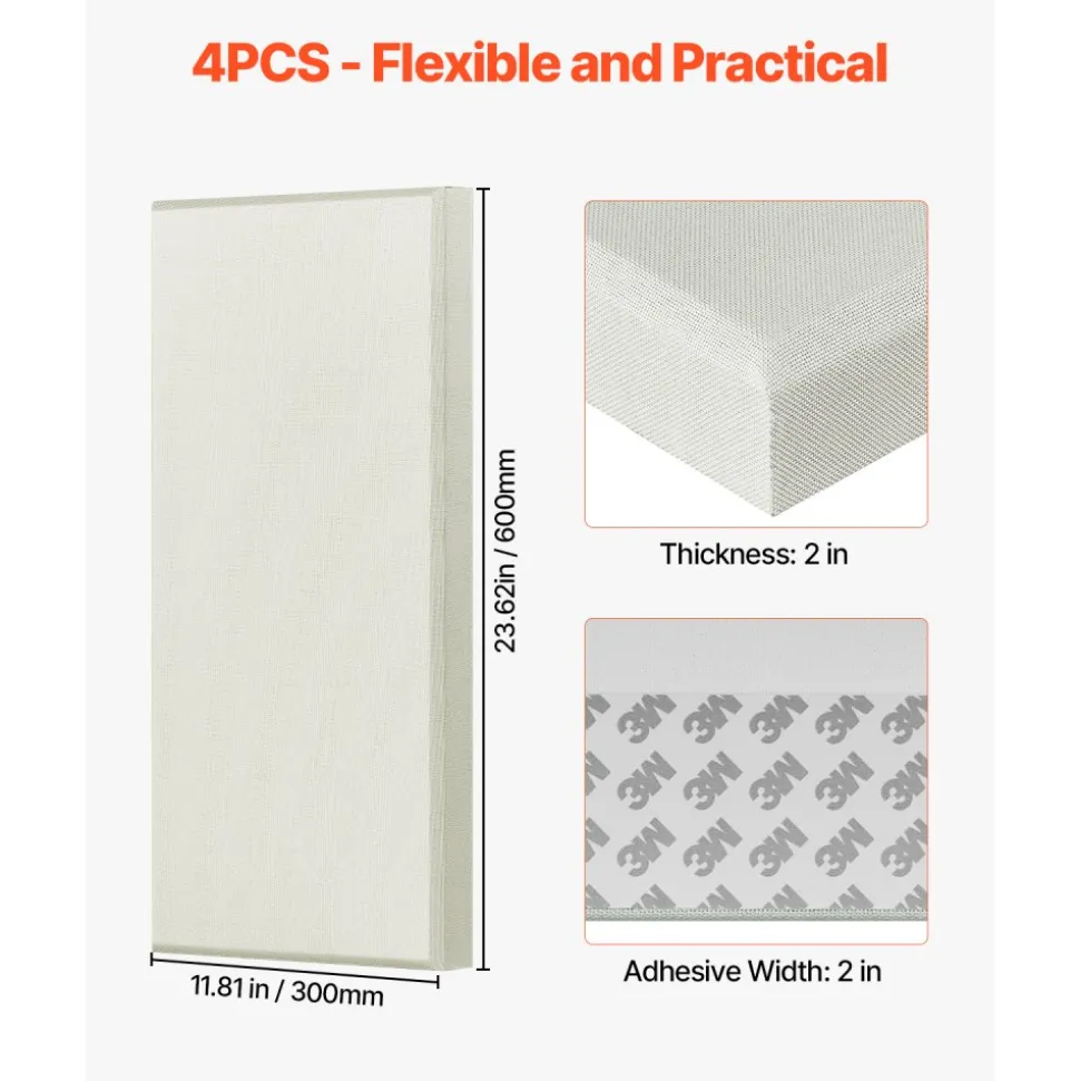 VEVOR 4 PCS Acoustic Panels, 2 inch Thick 23.6 x 11.8 inch Fiberglass Sound Absorbing Panels, Self-adhesive Soundproof Wall Boards, for Studios, Office, Home Theater,Meeting Room, Beige