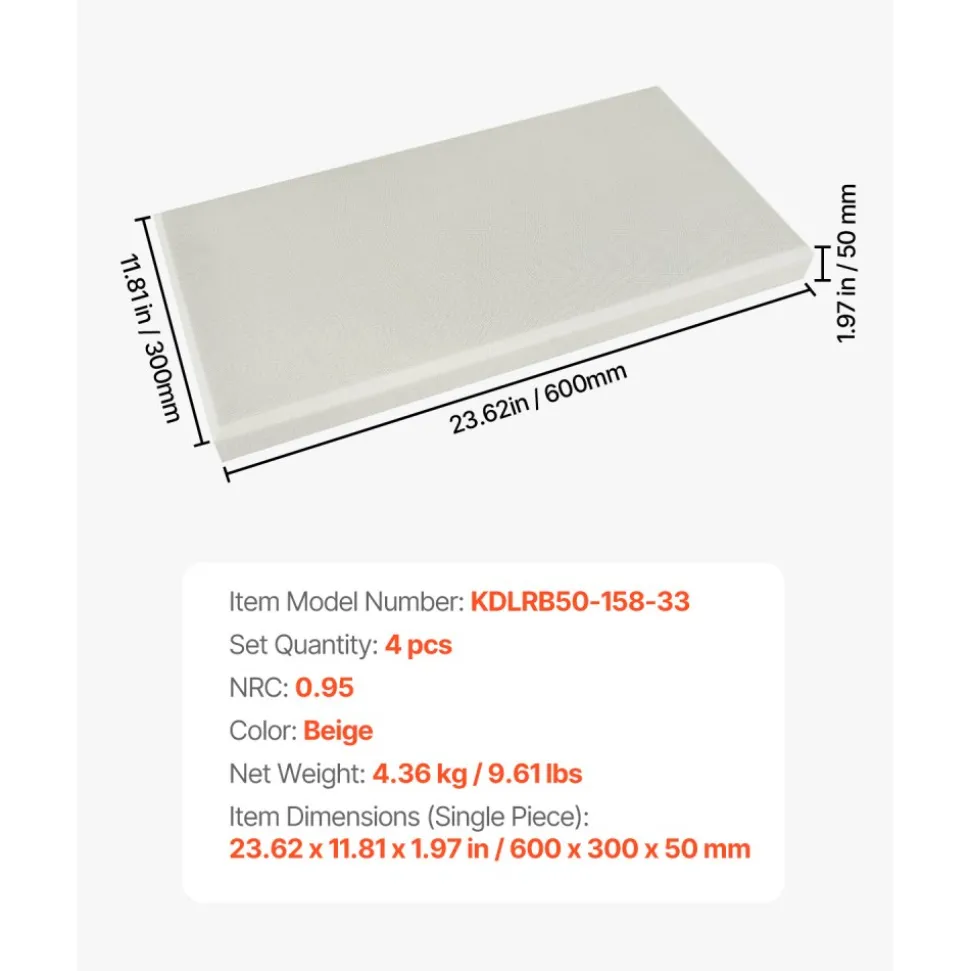 VEVOR 4 PCS Acoustic Panels, 2 inch Thick 23.6 x 11.8 inch Fiberglass Sound Absorbing Panels, Self-adhesive Soundproof Wall Boards, for Studios, Office, Home Theater,Meeting Room, Beige