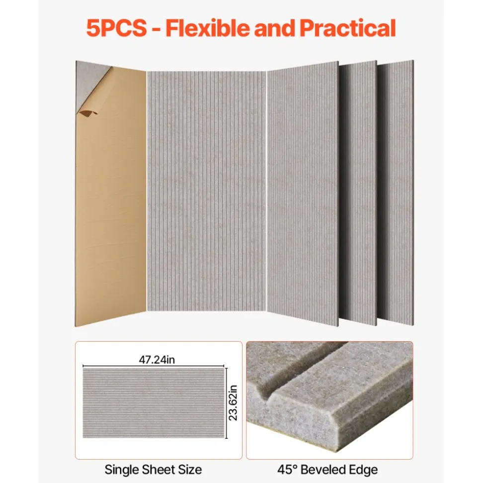 VEVOR 5PCS Acoustic Panels with Self Adhesive, 47.2 x 23.6 inch Sound Proof Foam Panels, Polyester Fiber Soundproof Wall Panels High Density, for Home, Studio, Office, Theater, Camel