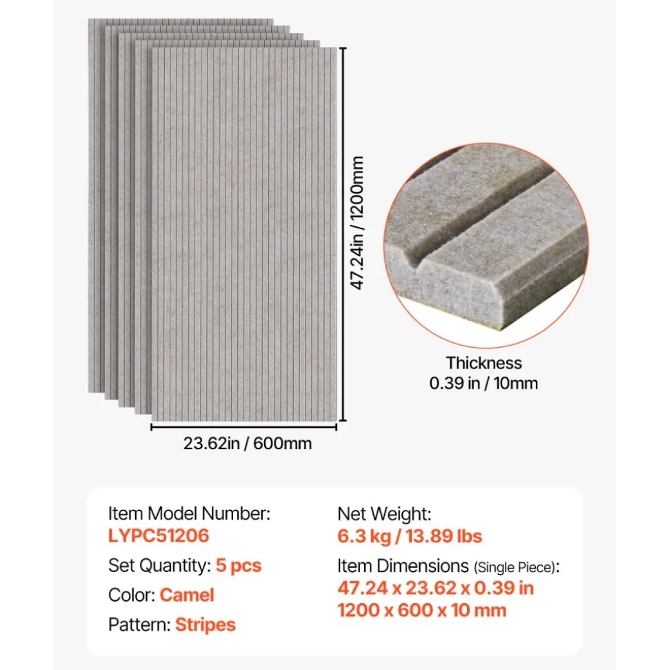 VEVOR 5PCS Acoustic Panels with Self Adhesive, 47.2 x 23.6 inch Sound Proof Foam Panels, Polyester Fiber Soundproof Wall Panels High Density, for Home, Studio, Office, Theater, Camel