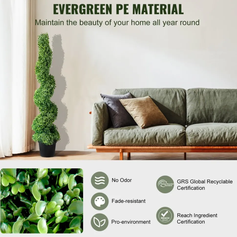 VEVOR 2 pcs. Artificial Boxwood Tower Topiary Spiral Artificial Plant 122cm high Decorative Plant Green Plastic PE Iron Topiary Plants incl. 10 pcs. Replacement Leaves