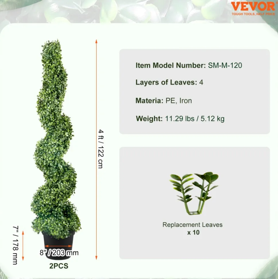 VEVOR 2 pcs. Artificial Boxwood Tower Topiary Spiral Artificial Plant 122cm high Decorative Plant Green Plastic PE Iron Topiary Plants incl. 10 pcs. Replacement Leaves
