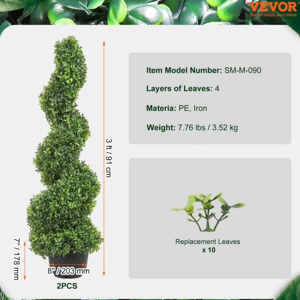 VEVOR 2 pcs. Artificial Boxwood Tower Topiary Spiral Artificial Plant 91cm high Decorative Plant Green Plastic PE Iron Topiary Plants incl. 10 pcs. Replacement Leaves