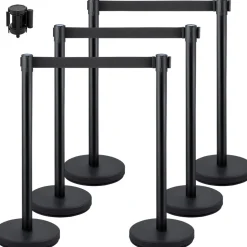 VEVOR 6 PCS Black Stanchion Posts Stainless Steel Stanchion Queue Post Black Belt Retractable 36In for Both Indoor and Outdoor use.