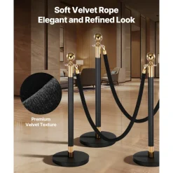 VEVOR 4 Pcs Black Velvet Stanchion Ropes, 5 ft Crowd Control Stanchion Black Velvet Ropes with Gold Hooks, Post Queue Barrier Carpet Rope for Carpet Events Movie Theaters Grand Openings Hotels Party