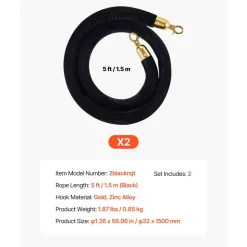 VEVOR 2 Pcs Black Velvet Stanchion Ropes, 5 ft Crowd Control Stanchion Black Velvet Ropes with Gold Hooks, Post Queue Barrier Carpet Rope for Carpet Events Movie Theaters Grand Openings Hotels Party