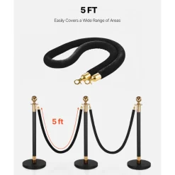 VEVOR 2 Pcs Black Velvet Stanchion Ropes, 5 ft Crowd Control Stanchion Black Velvet Ropes with Gold Hooks, Post Queue Barrier Carpet Rope for Carpet Events Movie Theaters Grand Openings Hotels Party