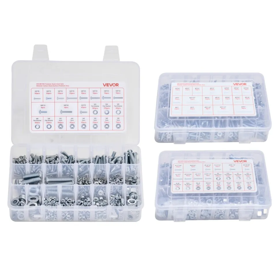 VEVOR 246 Pcs Bolts and Nuts Assortment Kit, Imperial Screws and Flat Washers, Stainless Steel 1/4-20,5/16-18,3/8-16, Spring Lock Washers for Furniture / Equipment /Vehicle Assembly with Case