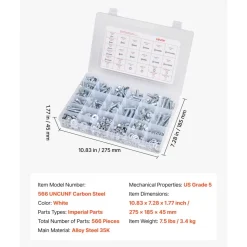 VEVOR 566 Pcs Bolts and Nuts Assortment Kit, Imperial Machine Screws and Flat Washers, Alloy Steel 1/4-20,5/16-18,3/8-16, for Furniture /Equipment/Vehicle Assembly, Galvanized White