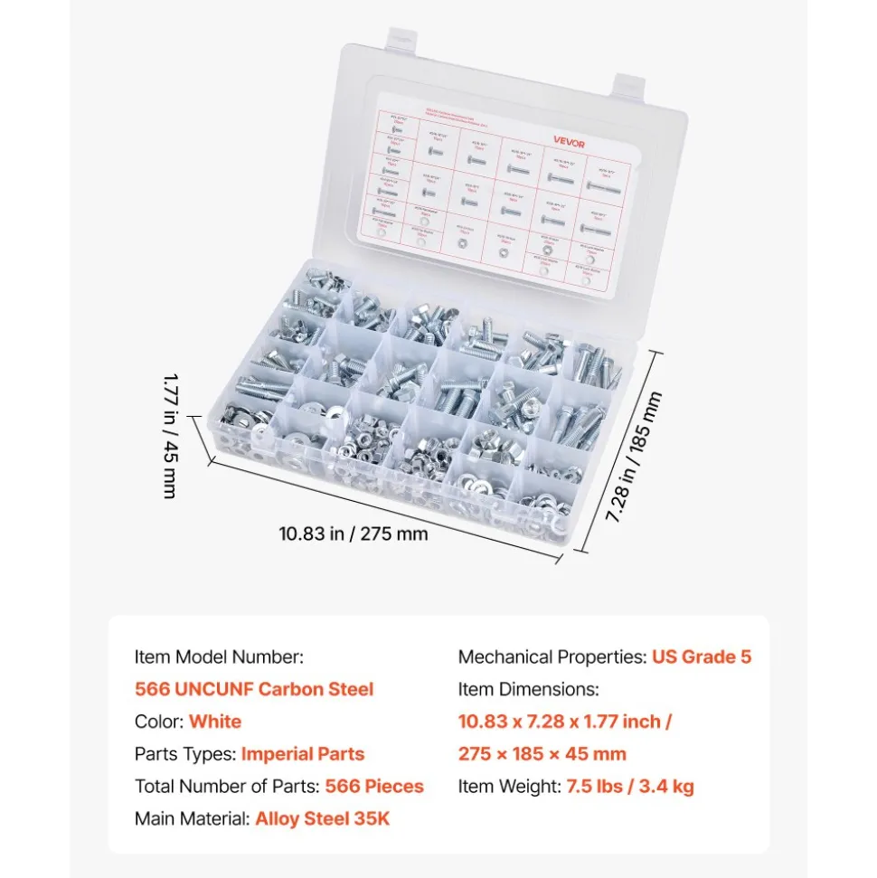 VEVOR 566 Pcs Bolts and Nuts Assortment Kit, Imperial Machine Screws and Flat Washers, Alloy Steel 1/4-20,5/16-18,3/8-16, for Furniture /Equipment/Vehicle Assembly, Galvanized White