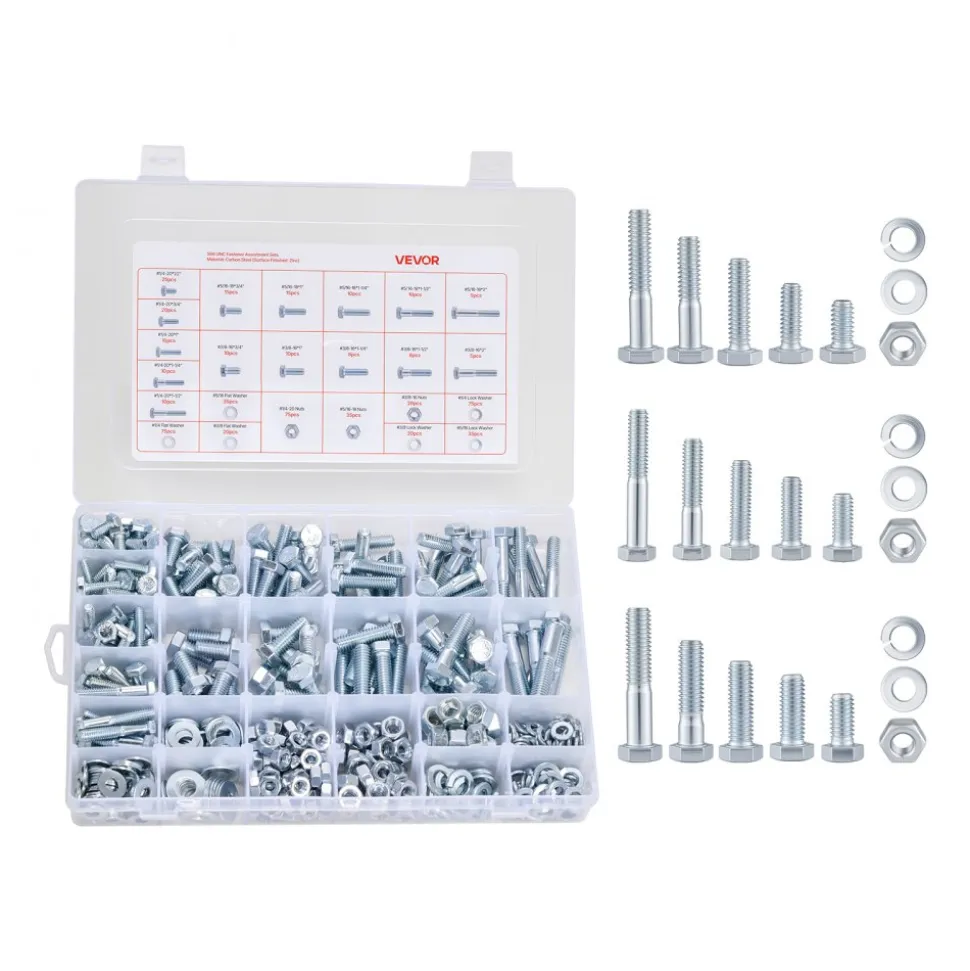 VEVOR 566 Pcs Bolts and Nuts Assortment Kit, Imperial Machine Screws and Flat Washers, Alloy Steel 1/4-20,5/16-18,3/8-16, for Furniture /Equipment/Vehicle Assembly, Galvanized White