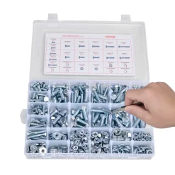 VEVOR 566 Pcs Bolts and Nuts Assortment Kit, Imperial Machine Screws and Flat Washers, Alloy Steel 1/4-20,5/16-18,3/8-16, for Furniture /Equipment/Vehicle Assembly, Galvanized White