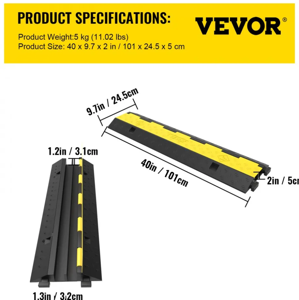 VEVOR 3 Pcs 2-Cable Rubber Electrical Wire Cover Cord Protector Ramp 11000 lbs