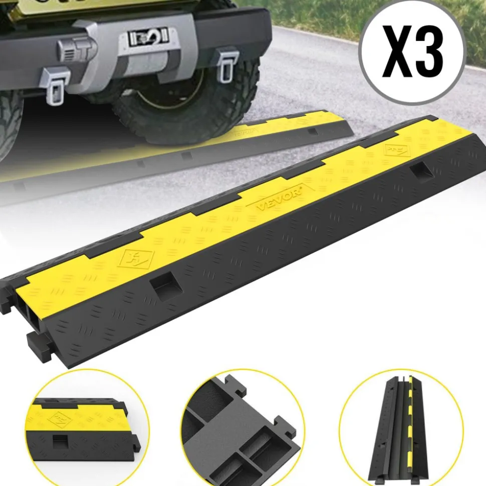 VEVOR 3 Pcs 2-Cable Rubber Electrical Wire Cover Cord Protector Ramp 11000 lbs
