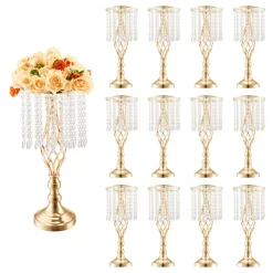VEVOR 12PCS 49cm/19.3” Tall Crystal Wedding Flower Stand, Metal Wedding Centerpiece Vase, Gold Flower Holders Floral Display Rack for Tables Wedding Dinner Party, Ceremony Birthday Event Decor