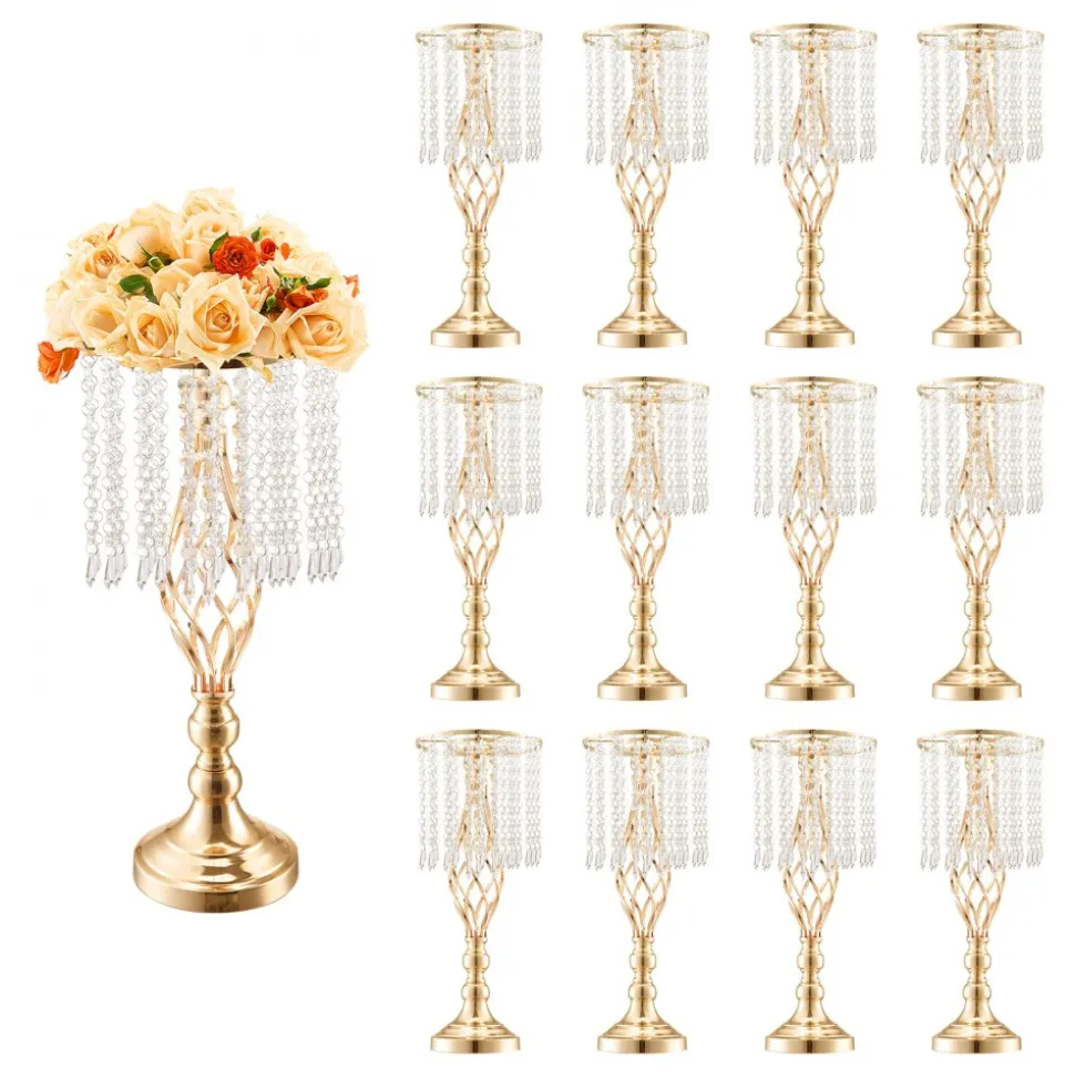 VEVOR 12PCS 49cm/19.3” Tall Crystal Wedding Flower Stand, Metal Wedding Centerpiece Vase, Gold Flower Holders Floral Display Rack for Tables Wedding Dinner Party, Ceremony Birthday Event Decor